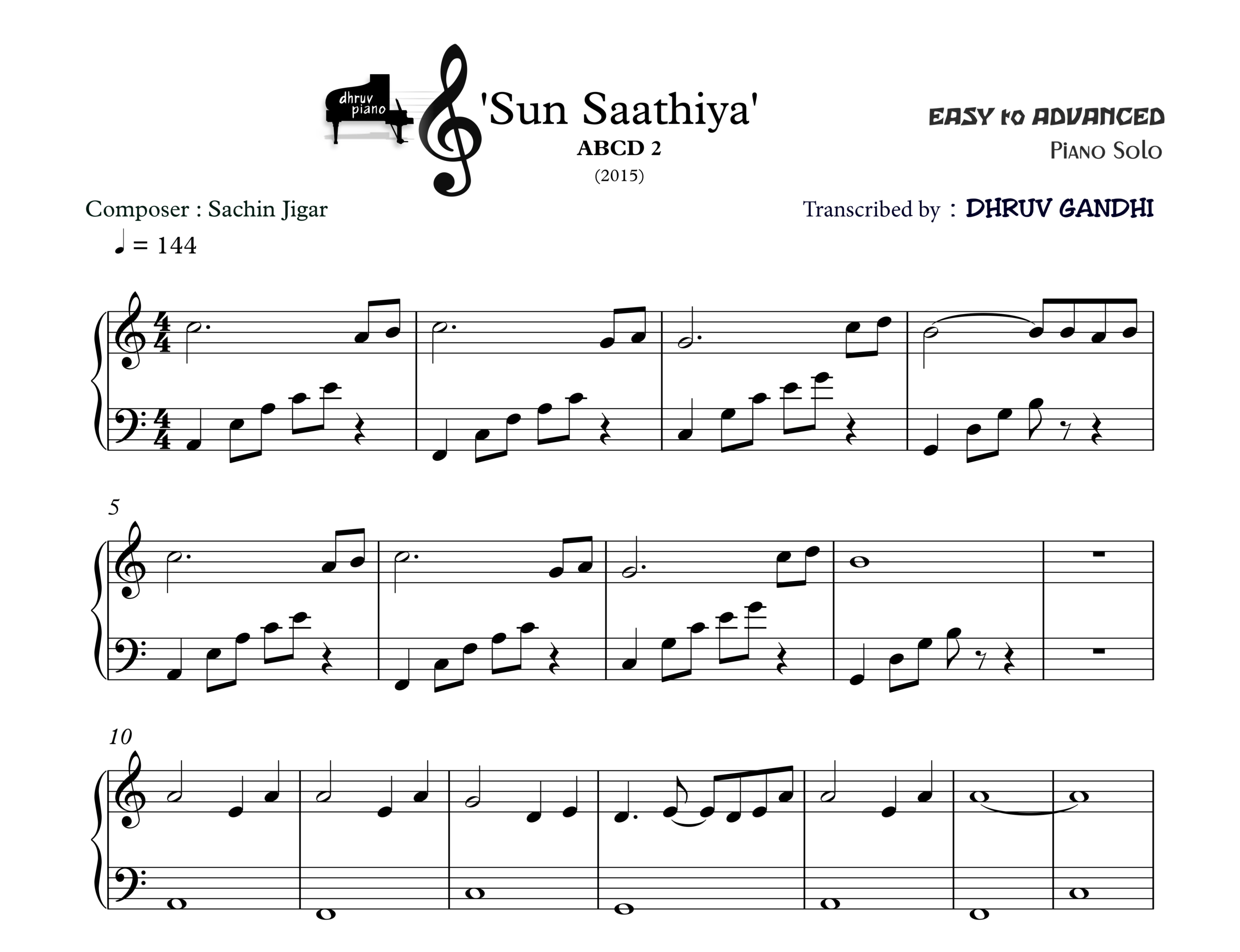Sun Saathiya (Sheet Music + English Notes + MIDI) - Piano Tutorial