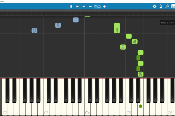 Image: Falling notes in Synthesia with finger indications.